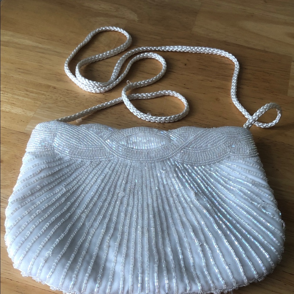 Woman’s rare elegant White Beaded Evening Clutch with Braided Strap